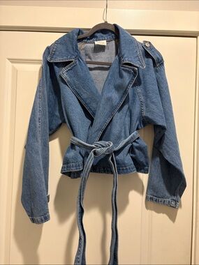 Bobbles & Lace Tie-Waist Cropped Denim Jacket - Light Blue - Size Large